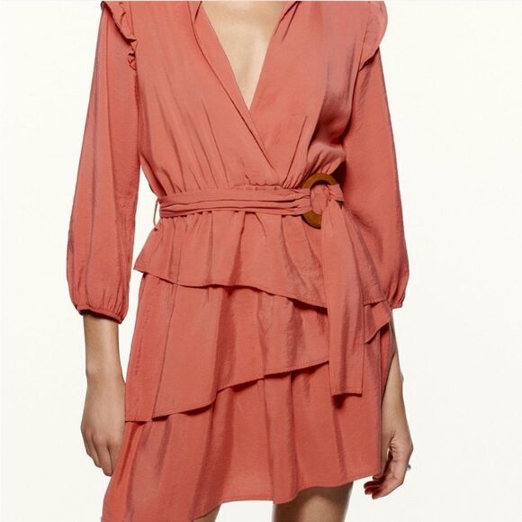 NWOT Zara Ruffled Mini Dress Long Sleeve Peach - Picture 3 of 9